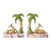 Pair of Art Deco Bookends in Pink Breccia Marble with Antelope and Palm Tree
