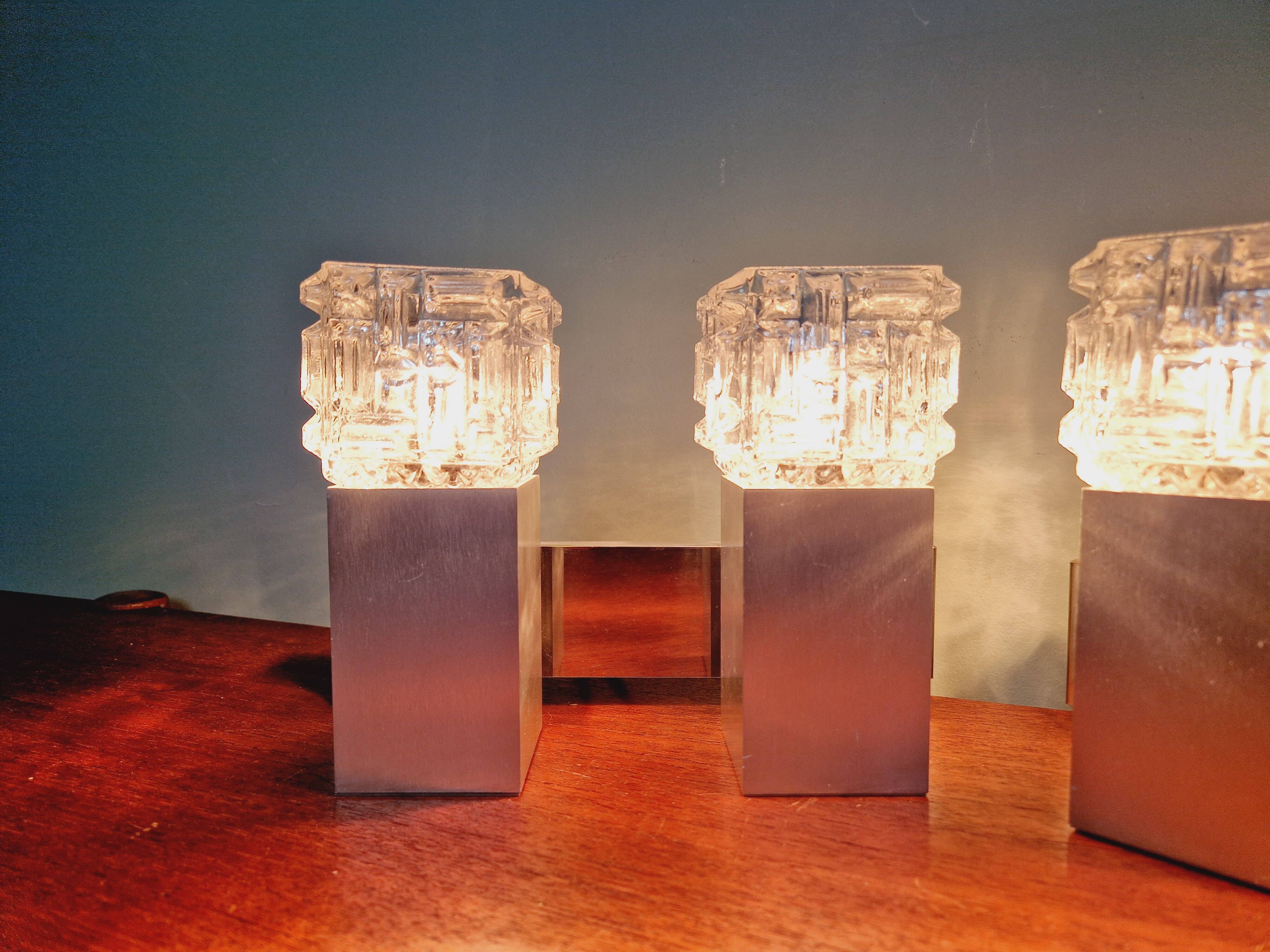 Pair of brushed aluminum and crystal wall lights, 1970s