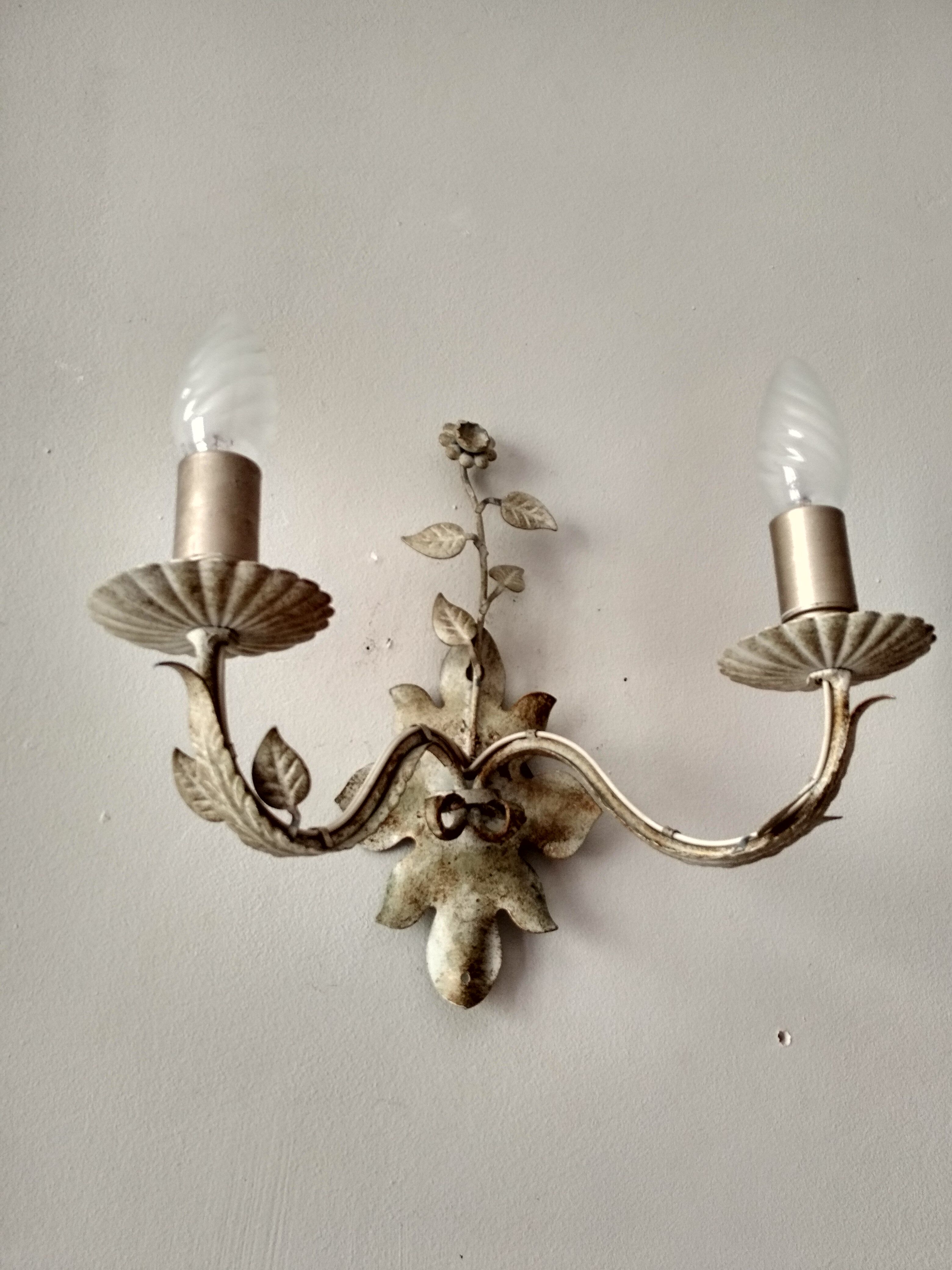 White glazed metal wall light with leaf and flower decor, 2 lights