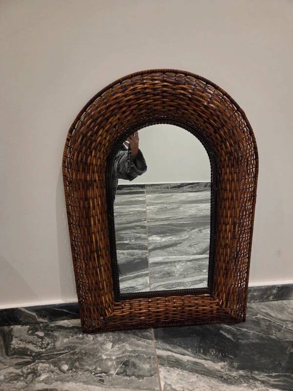 Antique vintage Italian wicker and iron woven mirror