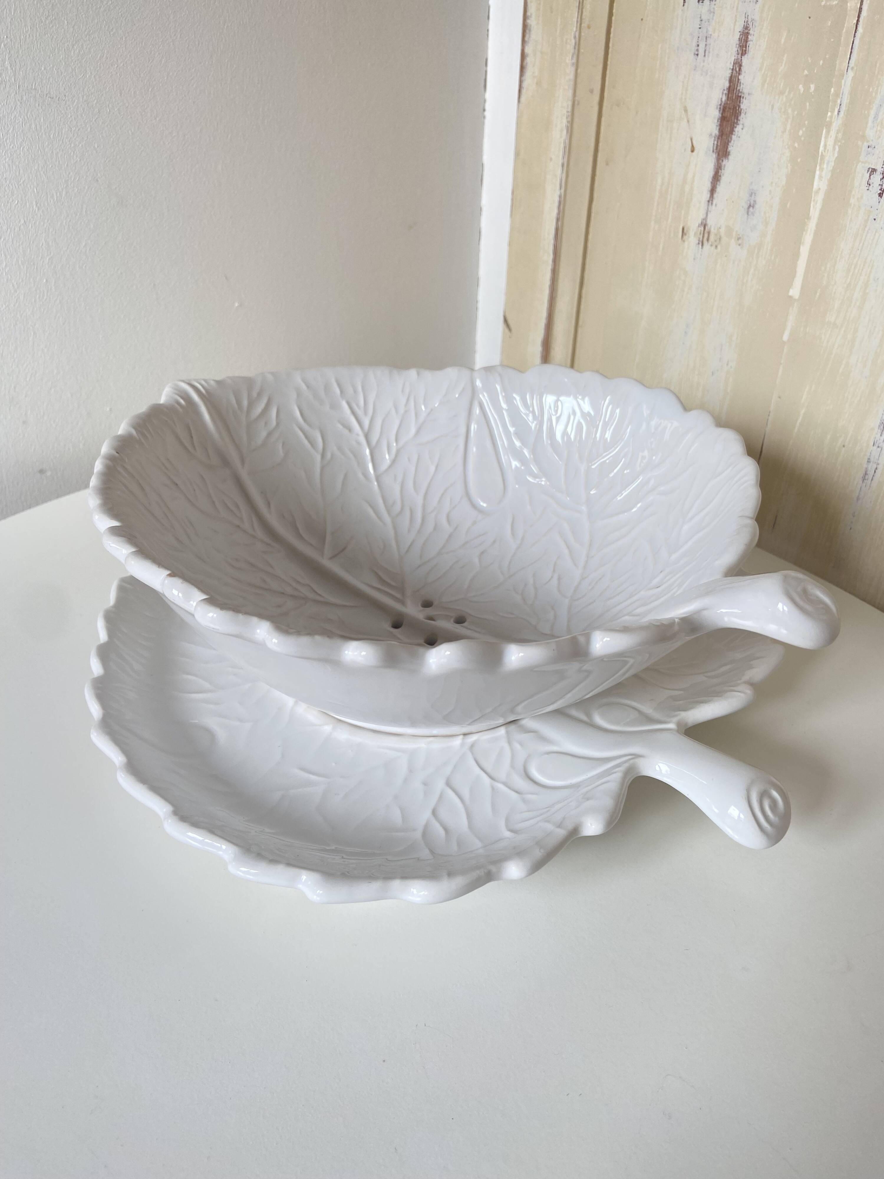 Barbotine Fruit Drainer And Its Plate In The Shape Of A White Cabbage Leaf