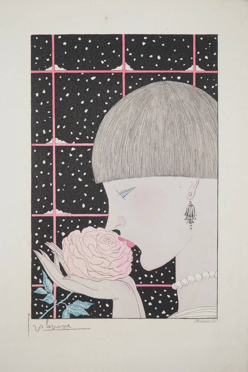 Georges Lepape: Art Deco, young woman with a rose, original signed engraving