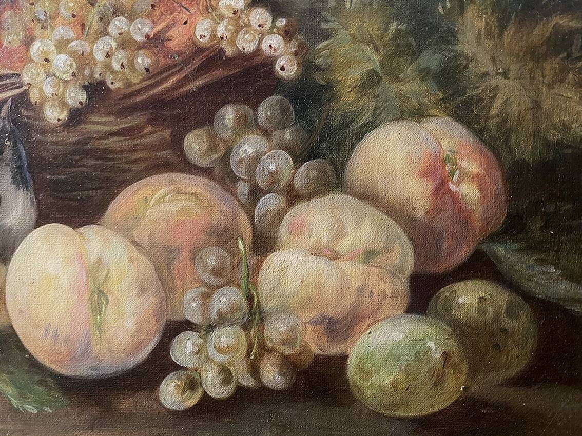 "Still Life with Fruits and Birds", oil on canvas, late 19th century.