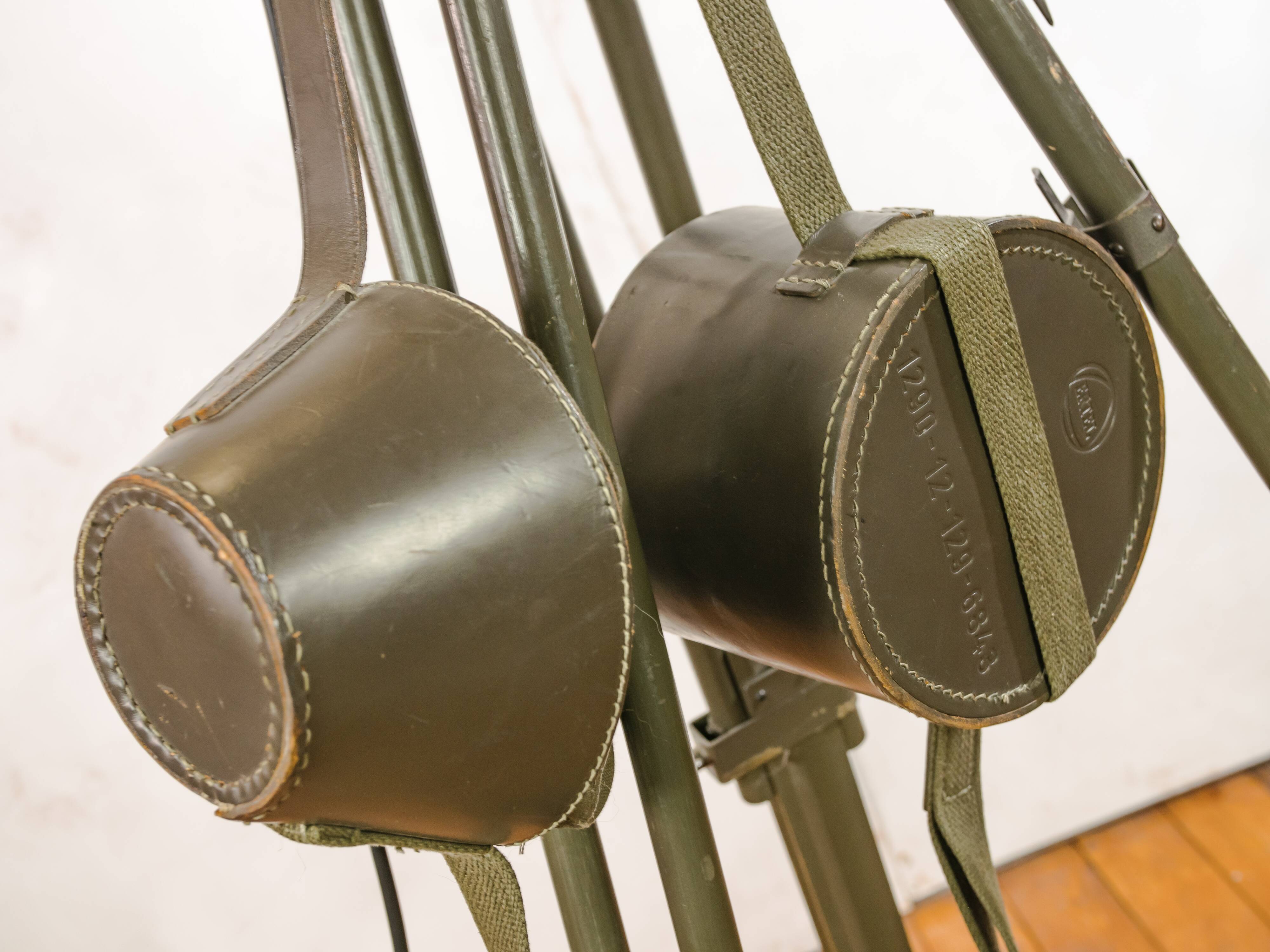 Vintage 1950s Strand Electric Patt 123 Theatre lamp on an old Wooden Army Surveyors Tripod