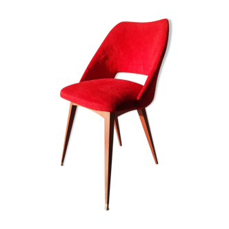 Chaise tonneau en moumoute rouge pieds compas années 60-70