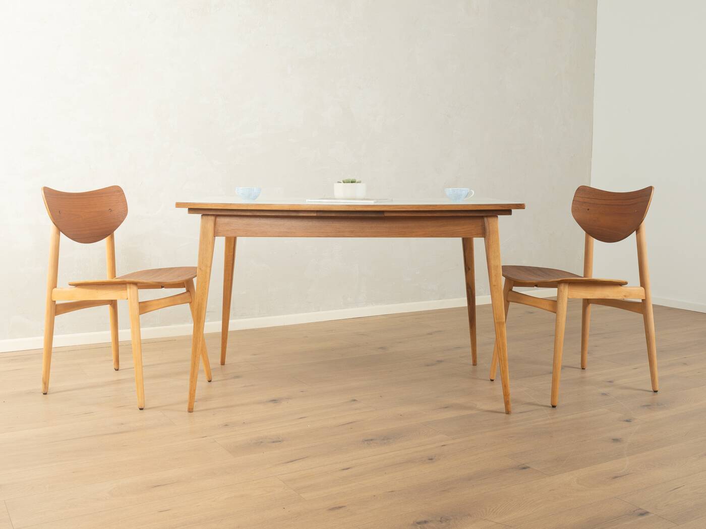 Classic extendable dining table from the 1950s, solid ash wood, new cream white Resopal top