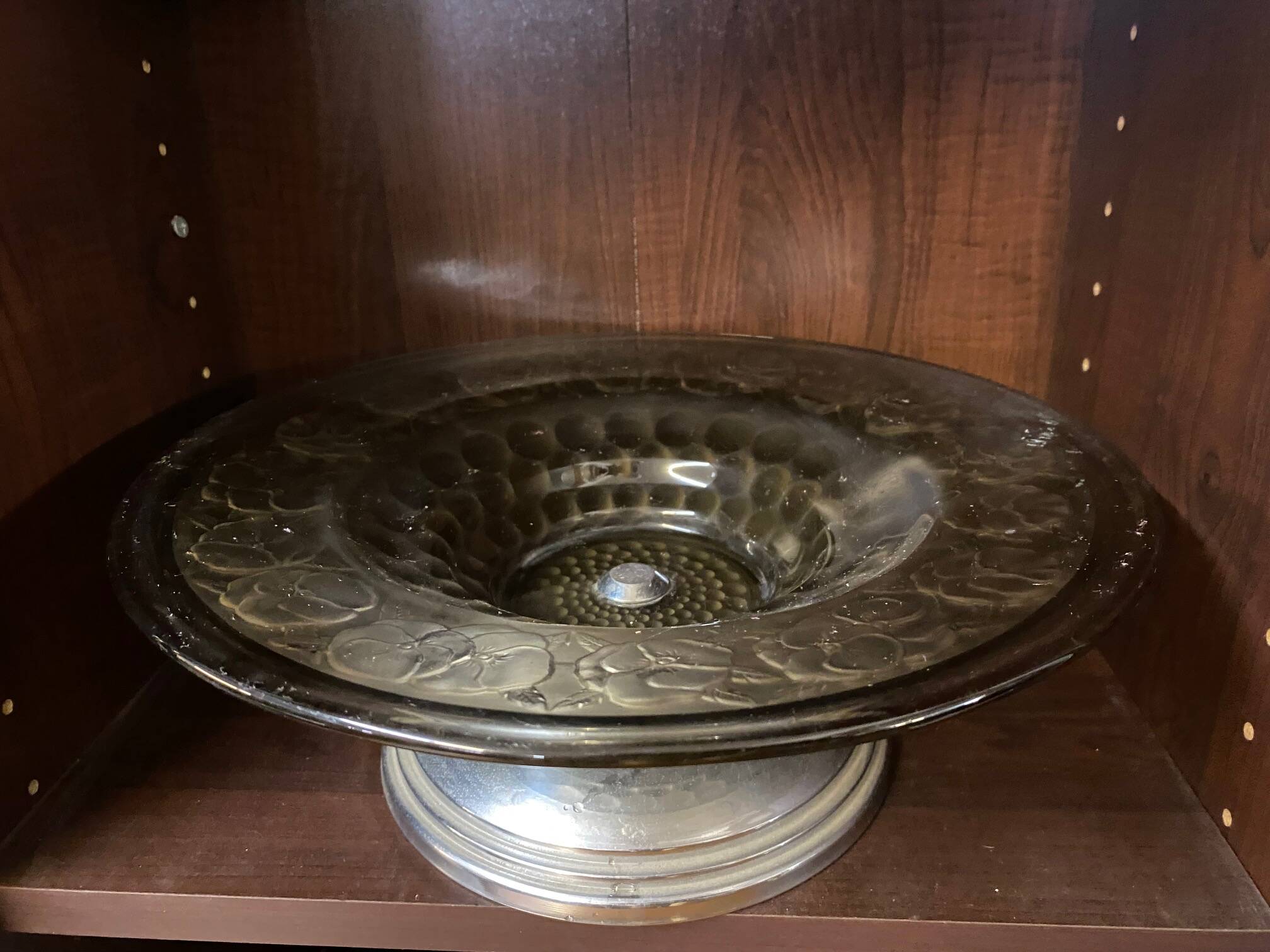 ART DECO FRUIT BOWL SMOKED GLASS PETUNIAS DECOR CHROME FOOT ROUND SHAPE