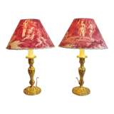 Paire de lampes anciennes en bronze avec abat-jours fait main en toile de Jouy vintage