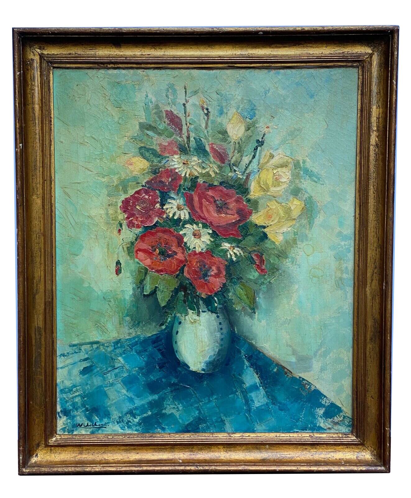 Huile william marcel clochard bouquet de fleurs roses coquelicots