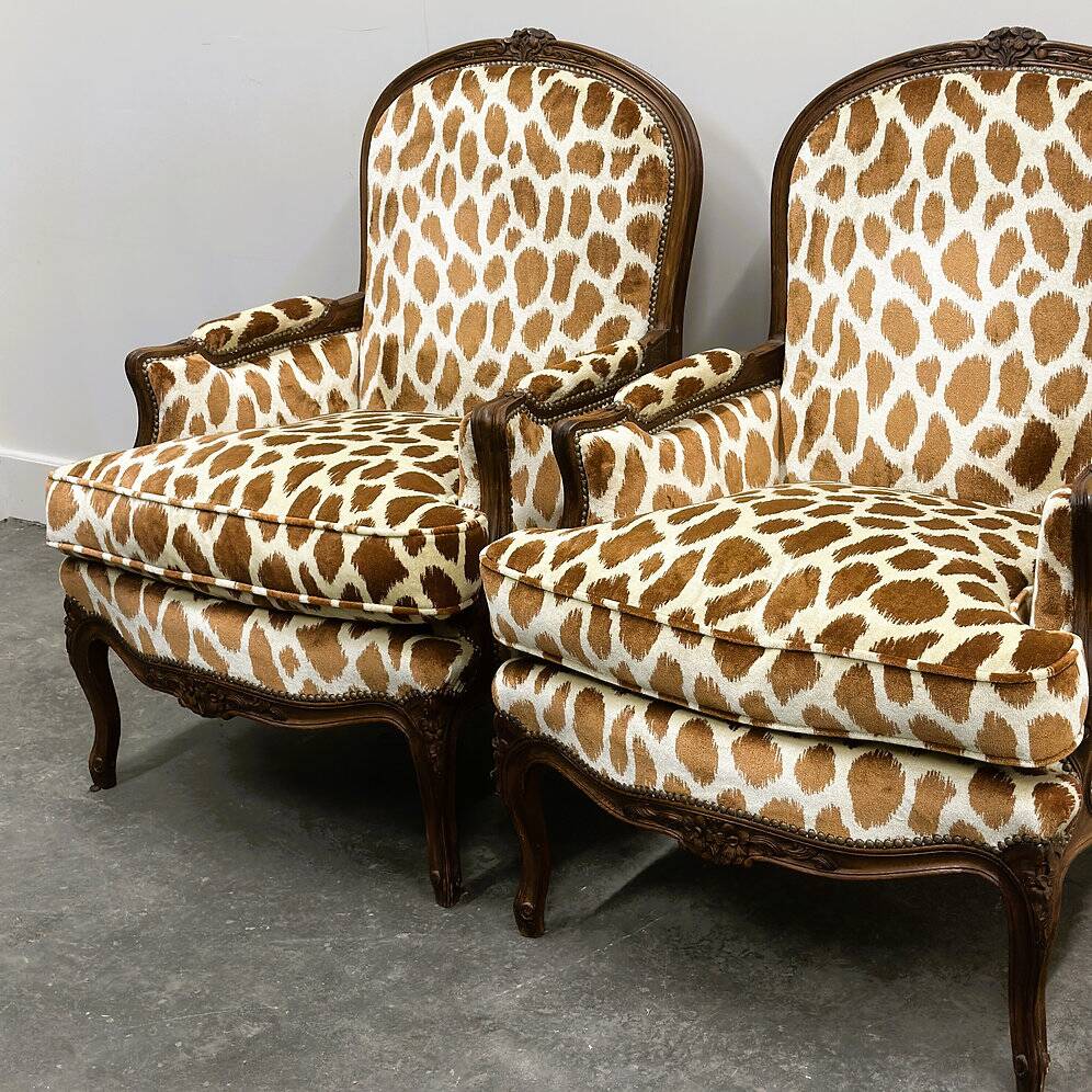 Pair of Louis XV style armchairs in giraffe velvet upholstery, France, 1950s