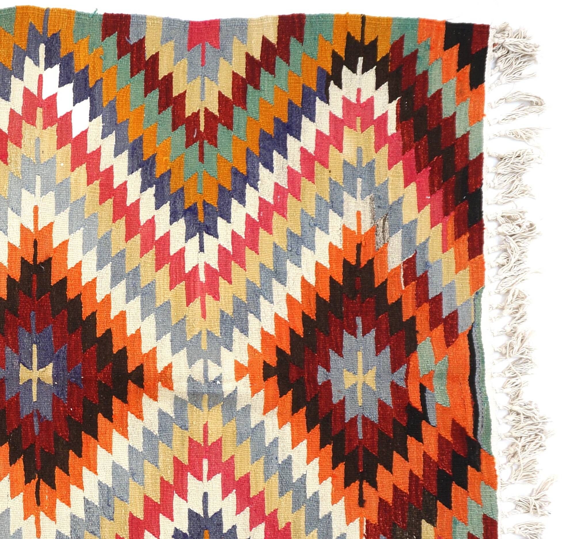 Tapis Kilim Vintage Zigzag – Tissage Anatolien à Motifs Diamants