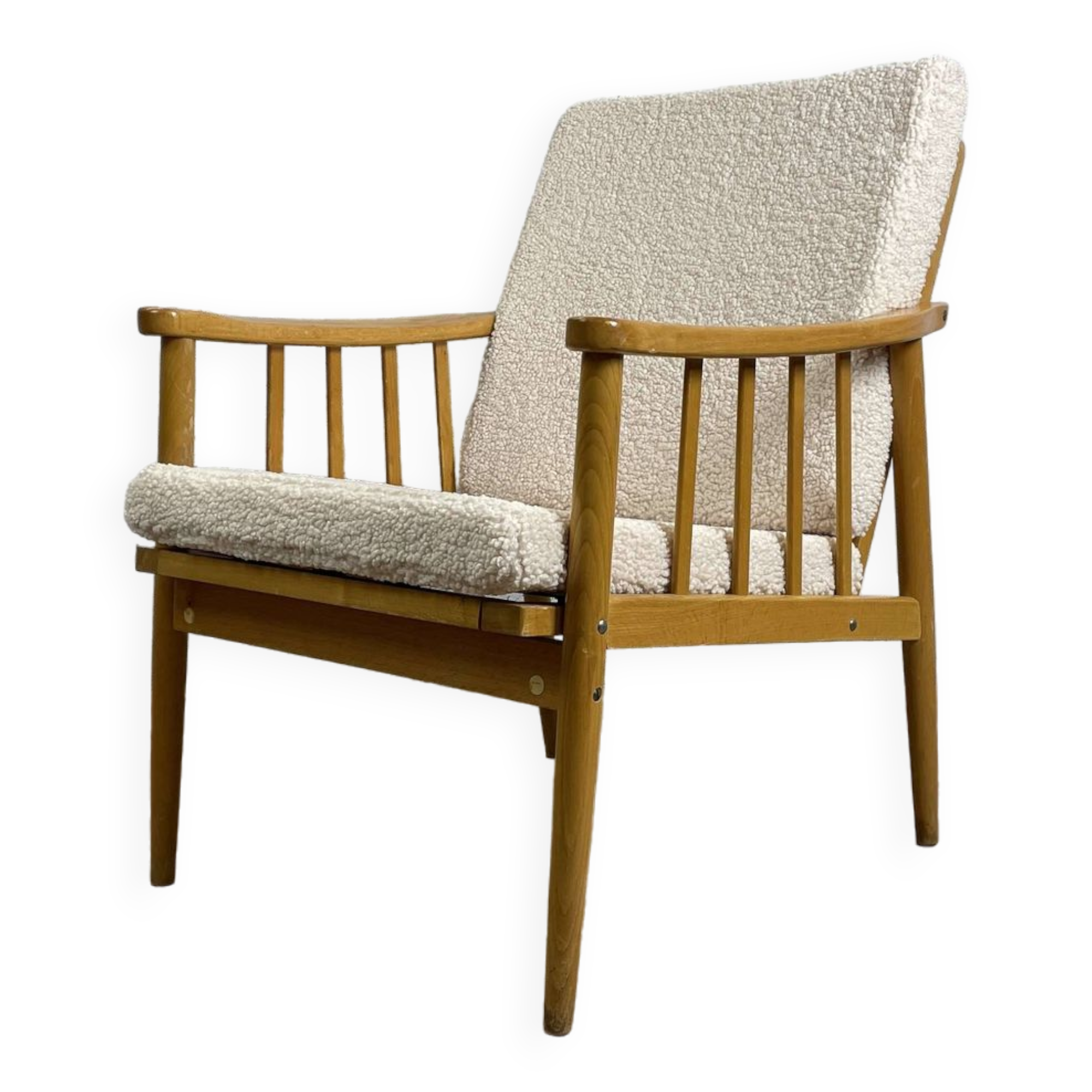 Reupholstered Scandinavian oak armchair, Eastern European origin, 70s-80s