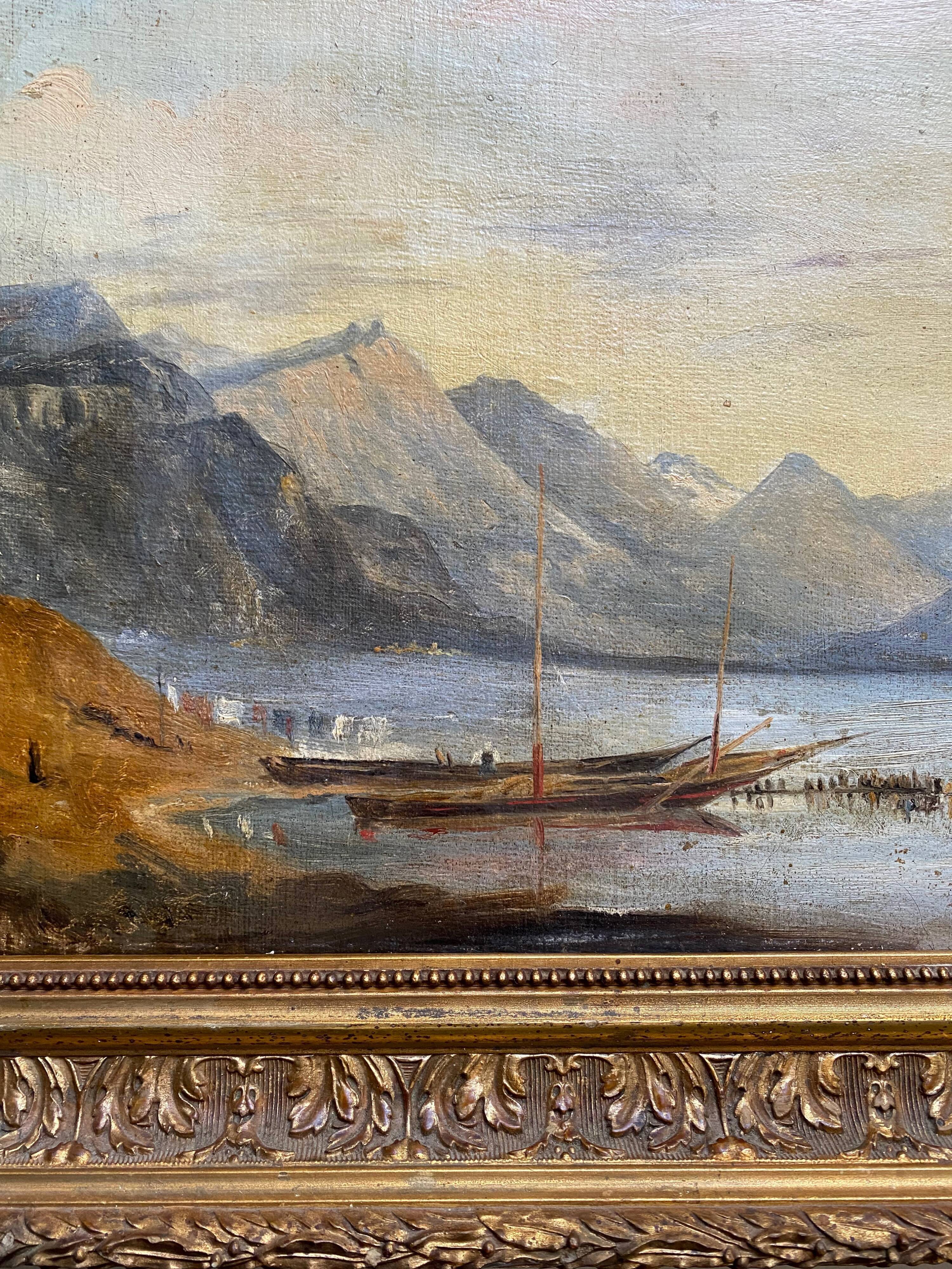 Marine painting "animated lake landscape" HST Italy Switzerland? Nineteenth century