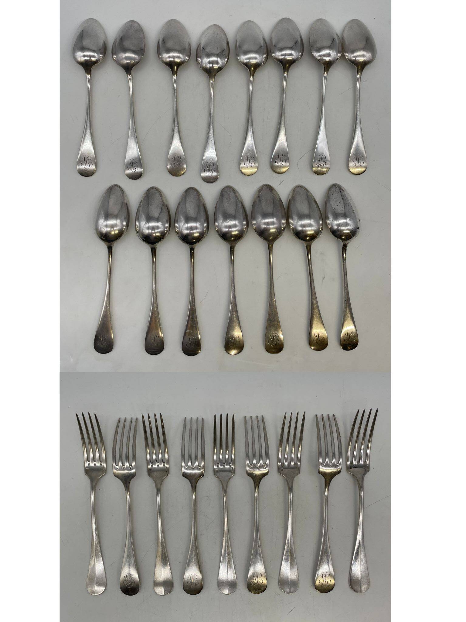 Set of 15 soup spoons and 9 lunch forks by Christofle.
