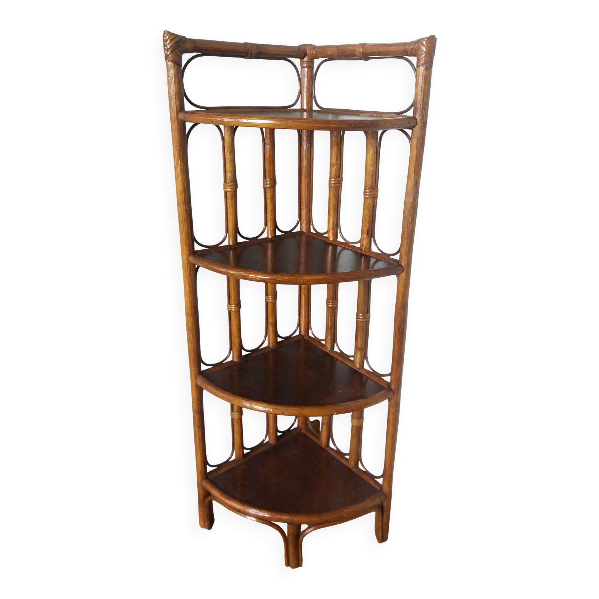 Corner shelf, corner unit, in wicker and wood
