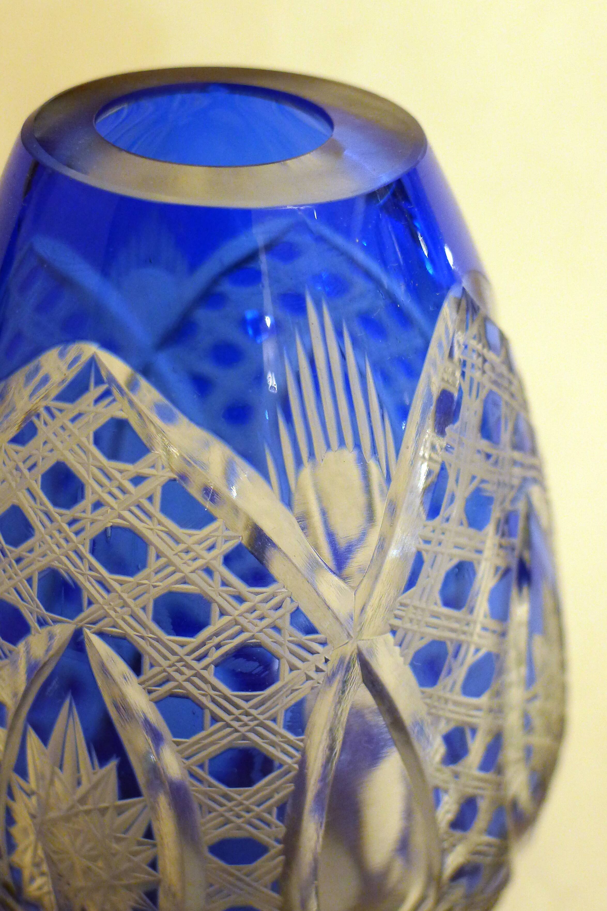 Small Bohemian crystal vase, cut with cobalt lining