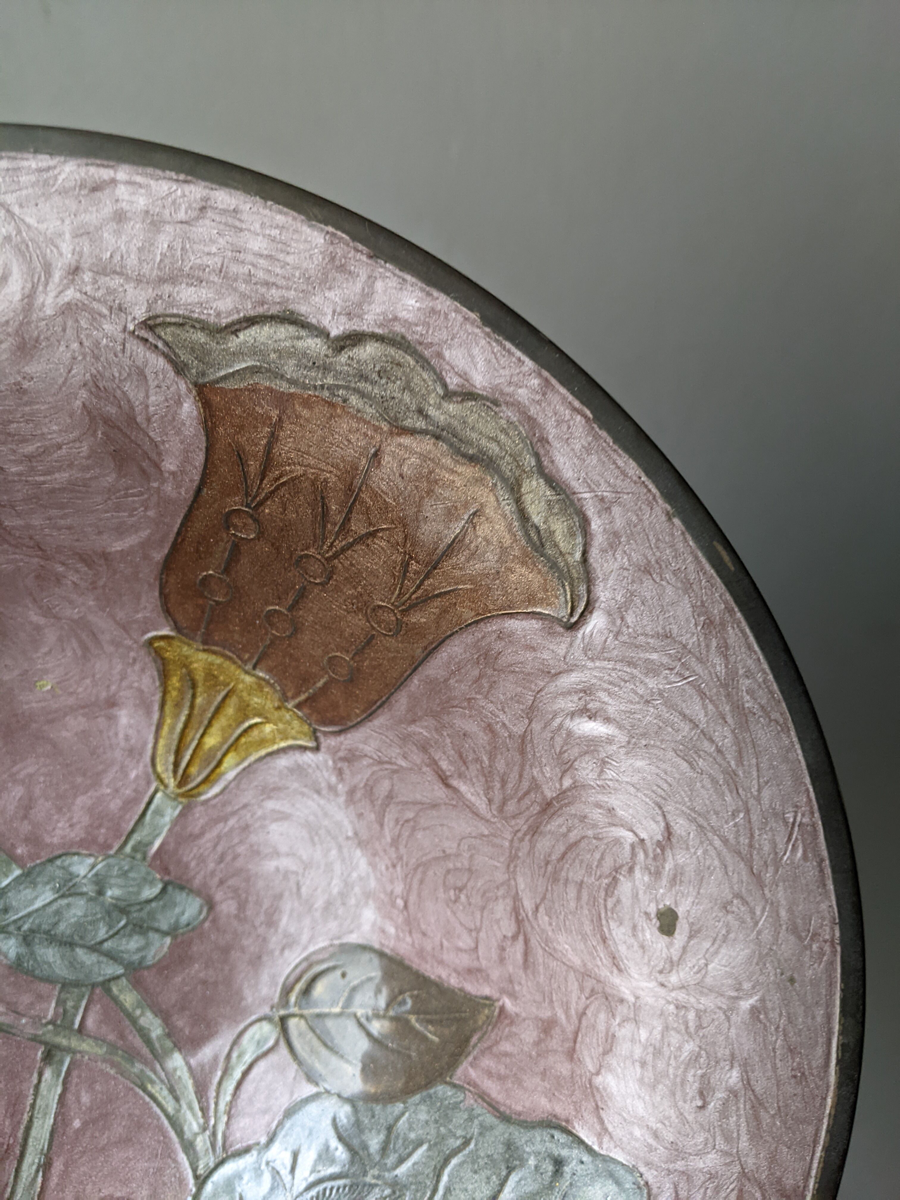Brass bowl with hand-painted floral decoration, bohemian style.