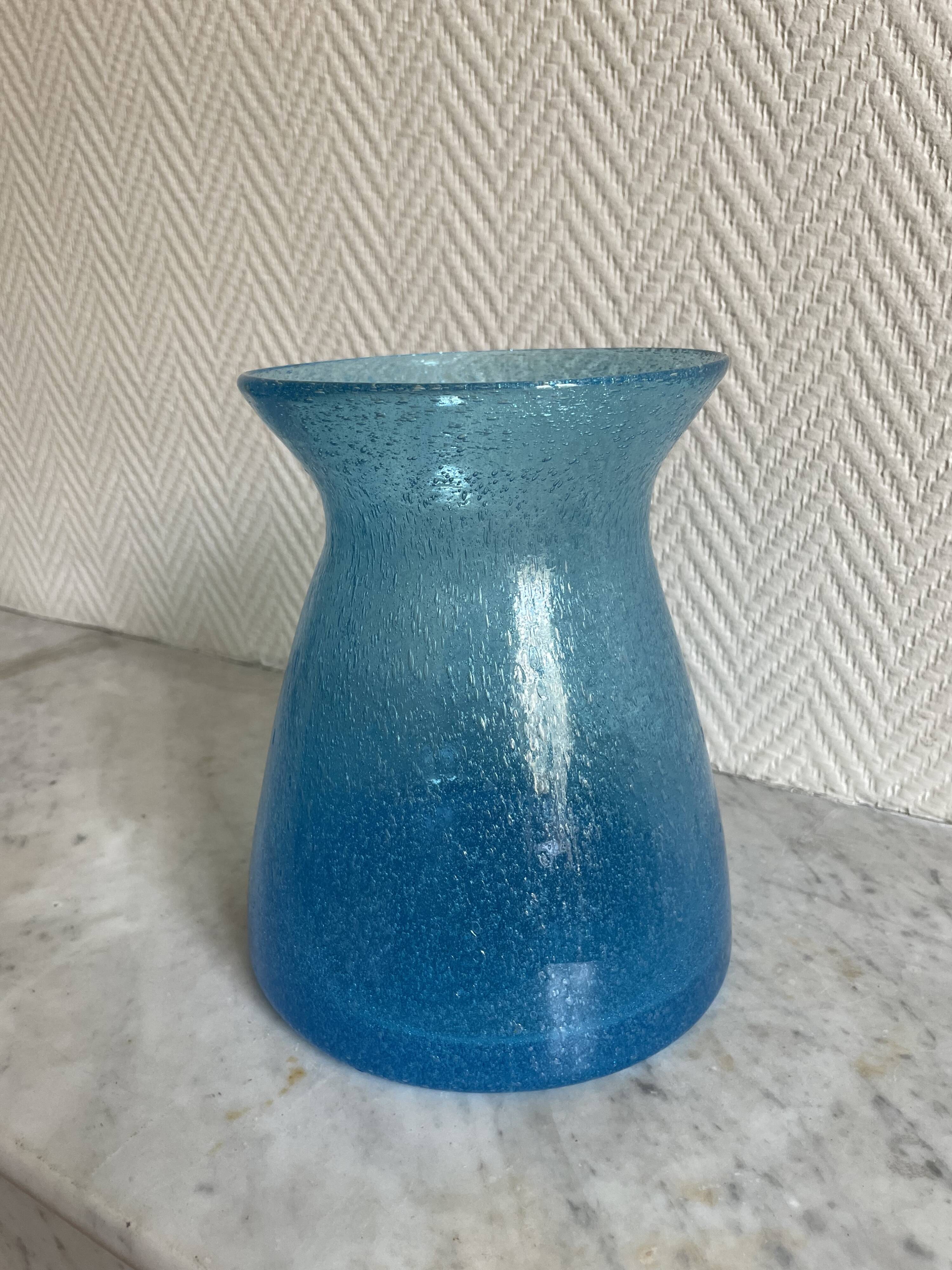 Blue glass vase with encrusted bubbles