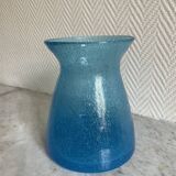 Blue glass vase with encrusted bubbles