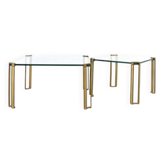 Hollywood Regency Brass and Glass Coffee Tables by Peter Ghyczy, 1970s, 2pc