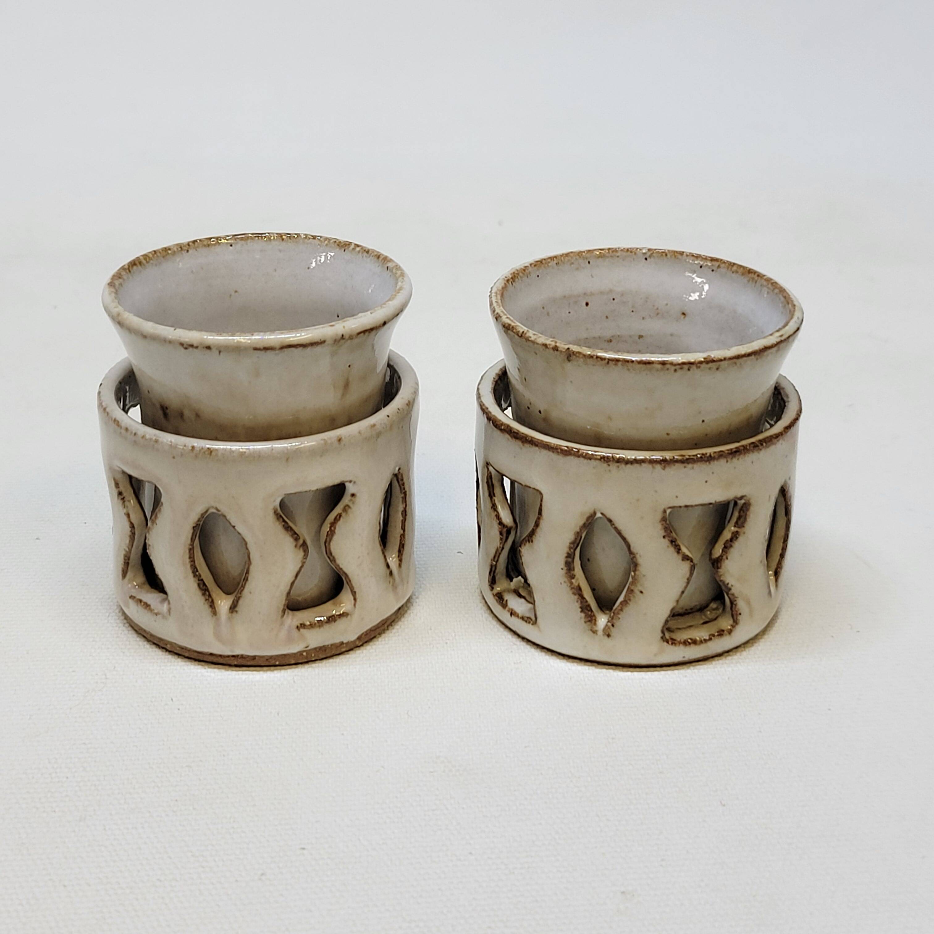 2 Ceramic Stoneware Egg Cups Signed by a Ceramist to Identify