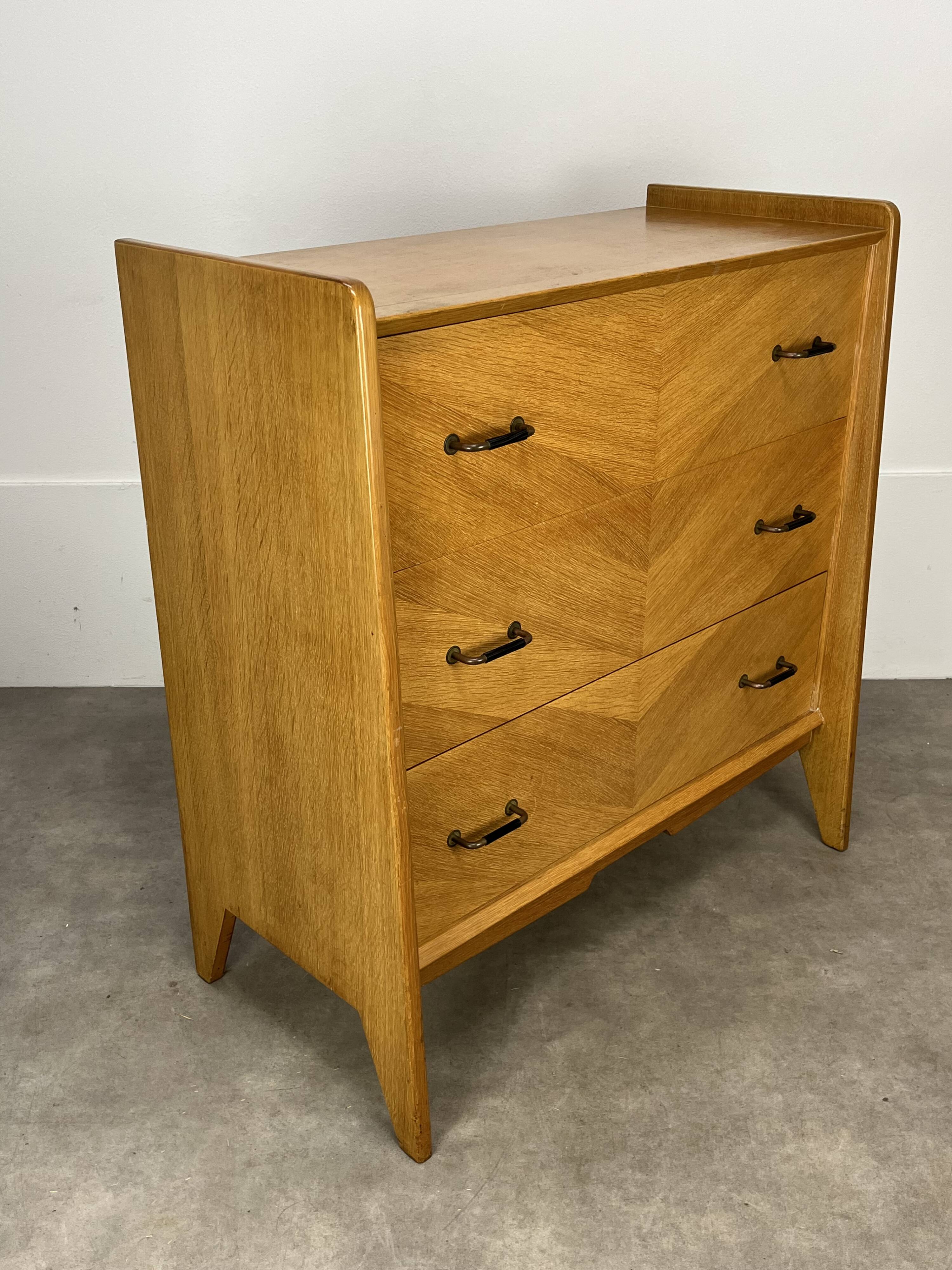 50s chest of drawers with blond wood compass feet