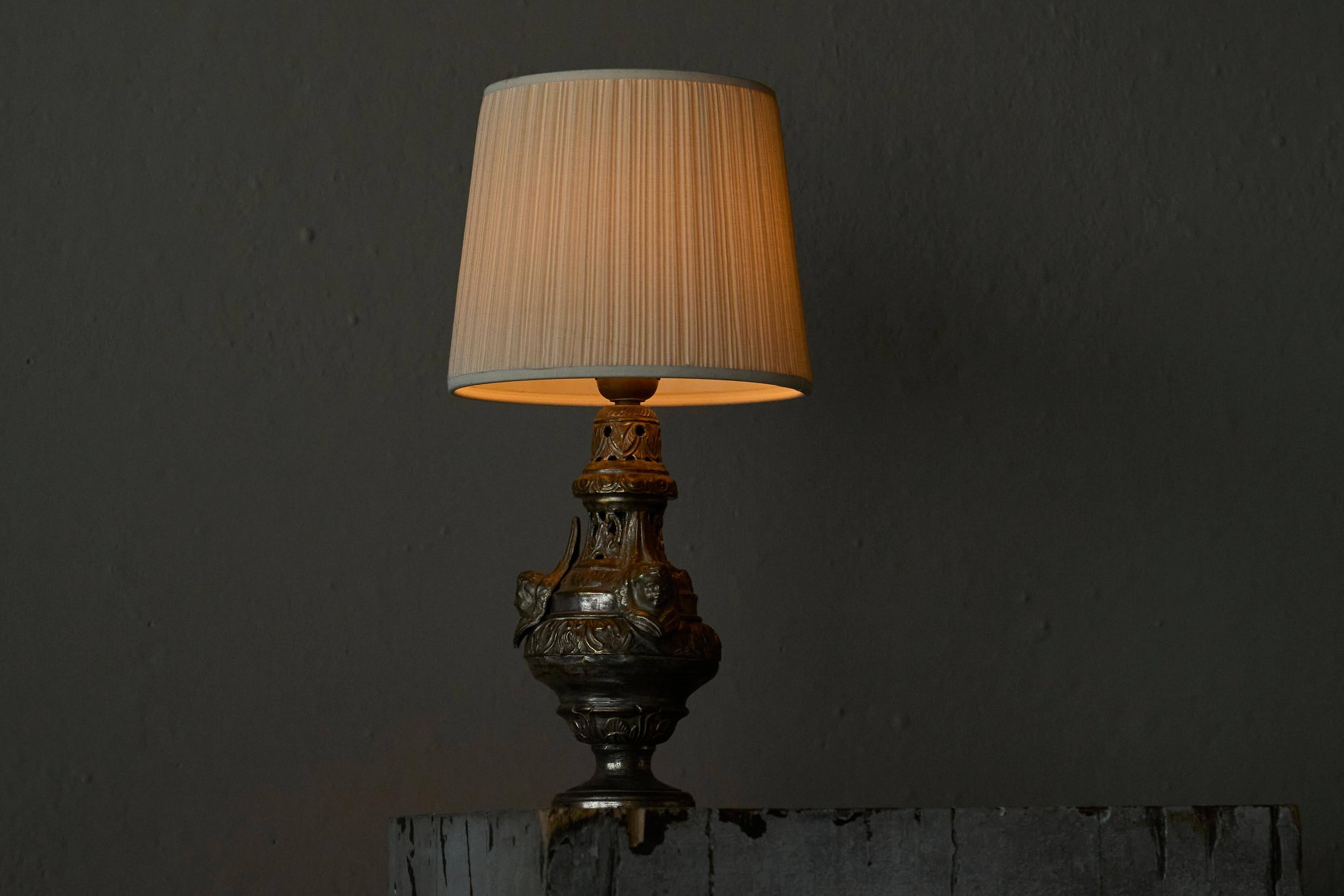 Antique Table Lamp in Patinated Brass and Silver, 19th Century