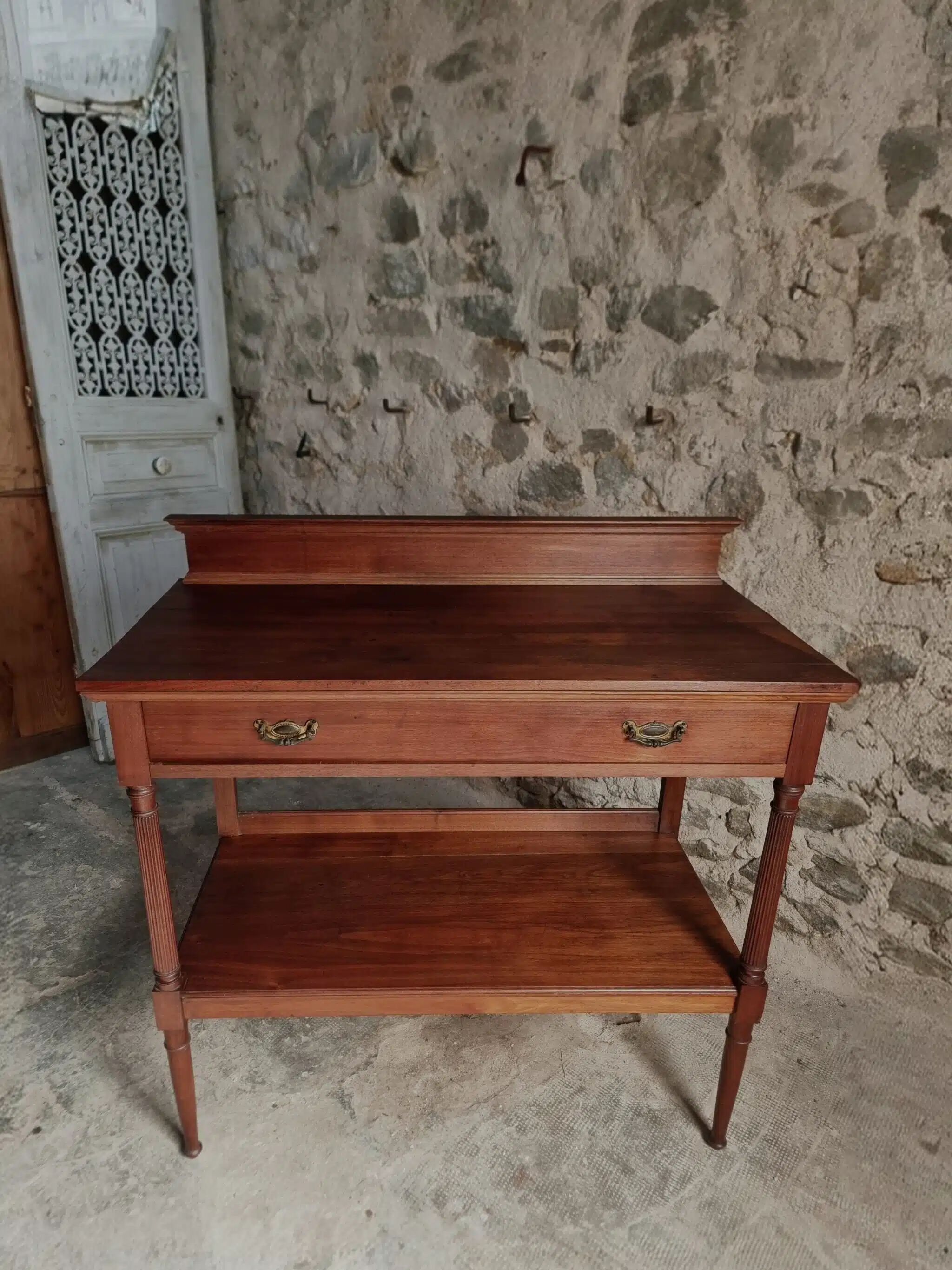 Antique mahogany console with drawer and shelf, French serving table, circa 1900.