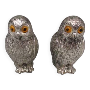 Sel et poivre hibou en métal argenté Style Mauro Manetti, années 70