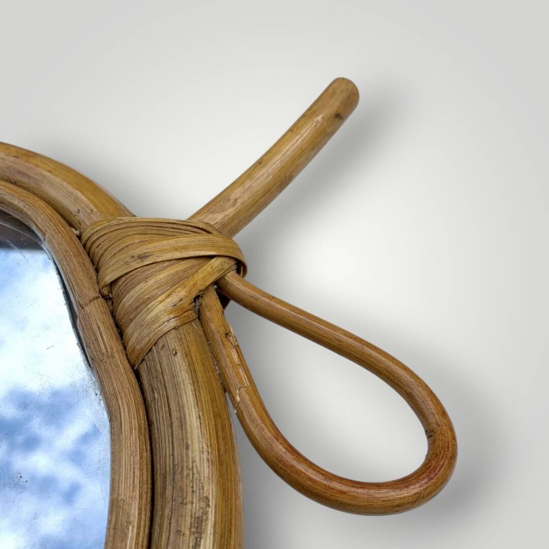Vintage bamboo and rattan apple-shaped mirror - 1970s