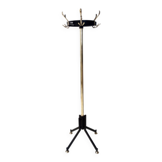 Vintage revolving brass and varnished iron coat rack, italy