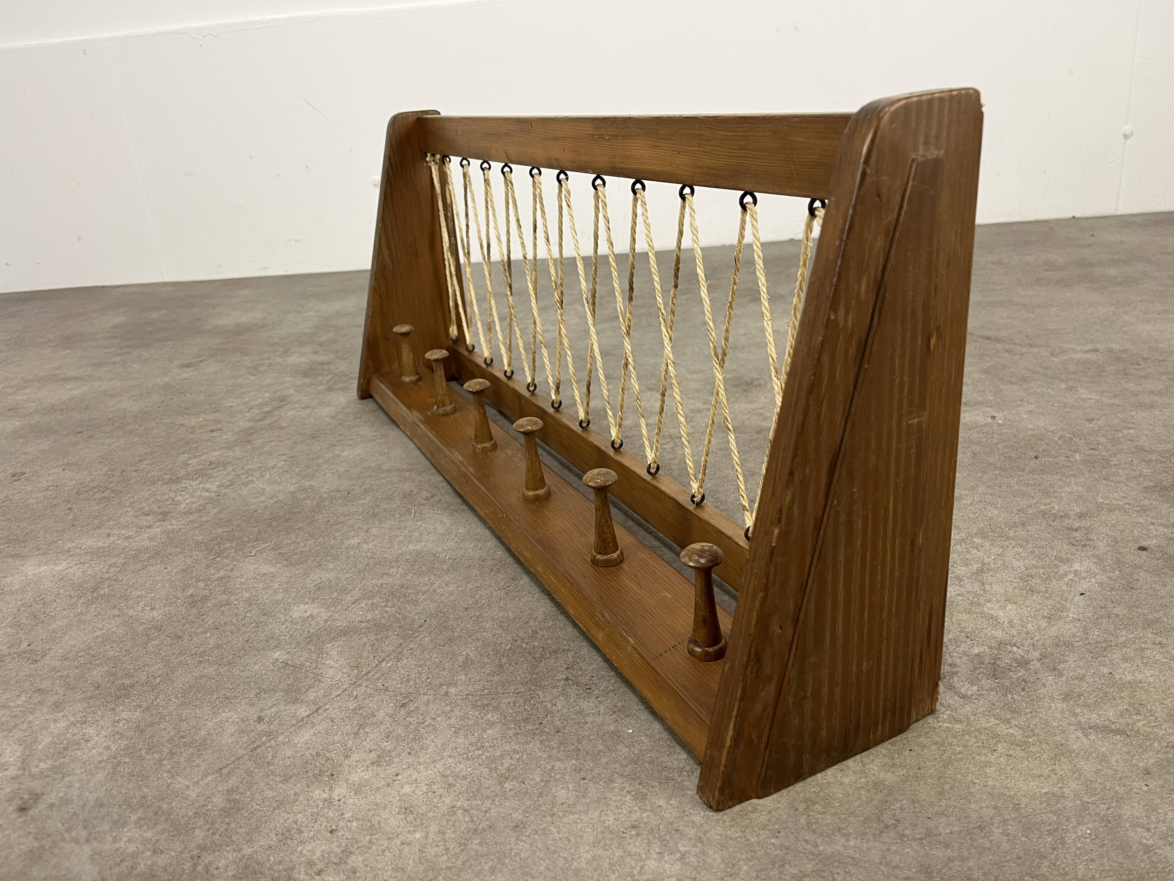 Vintage wooden wall coat rack with 6 chalet-style hooks