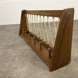 Vintage wooden wall coat rack with 6 chalet-style hooks