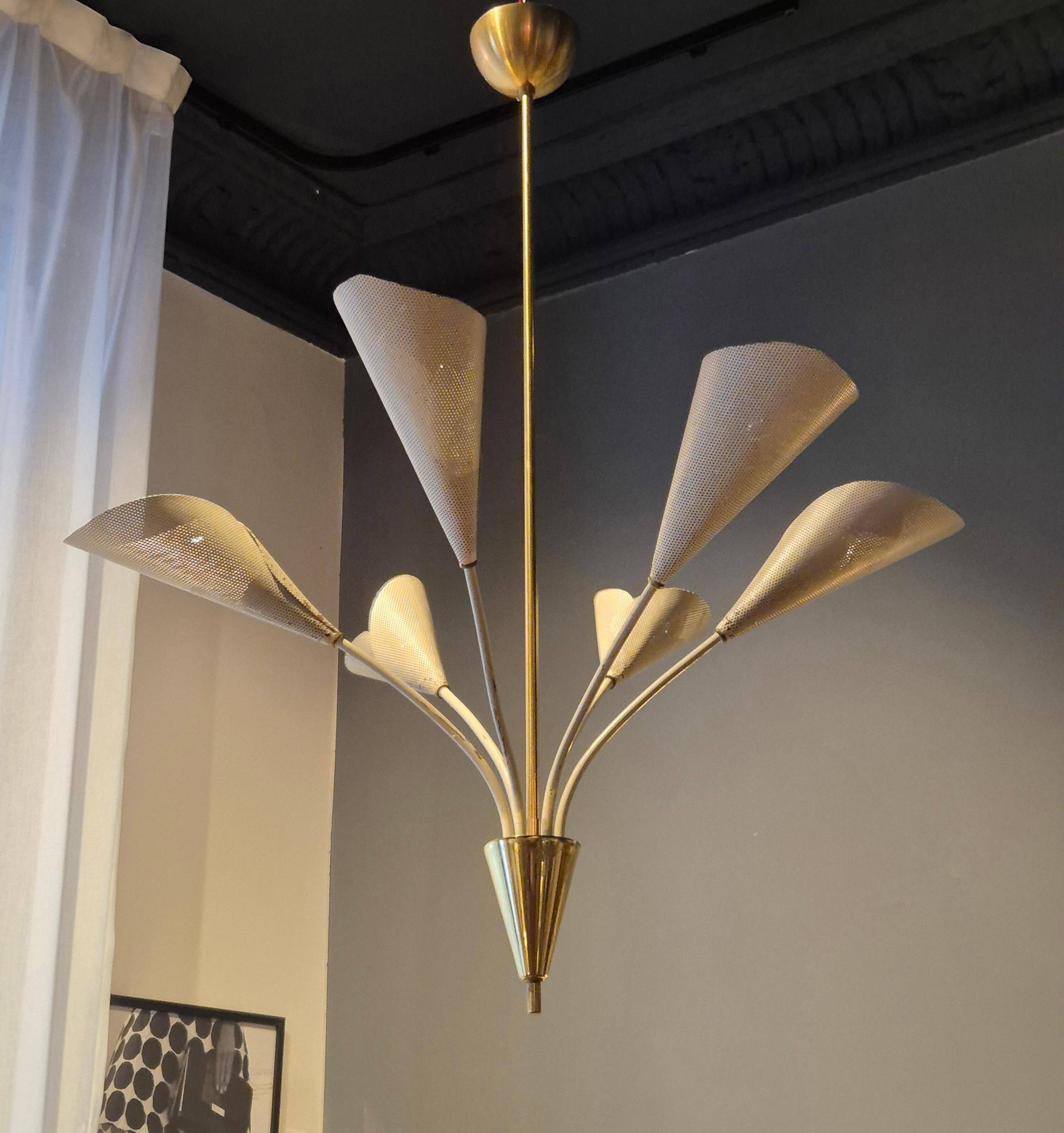 Elegant Chandelier with Six Arms, Perforated Metal Shade, Midcentury Modern