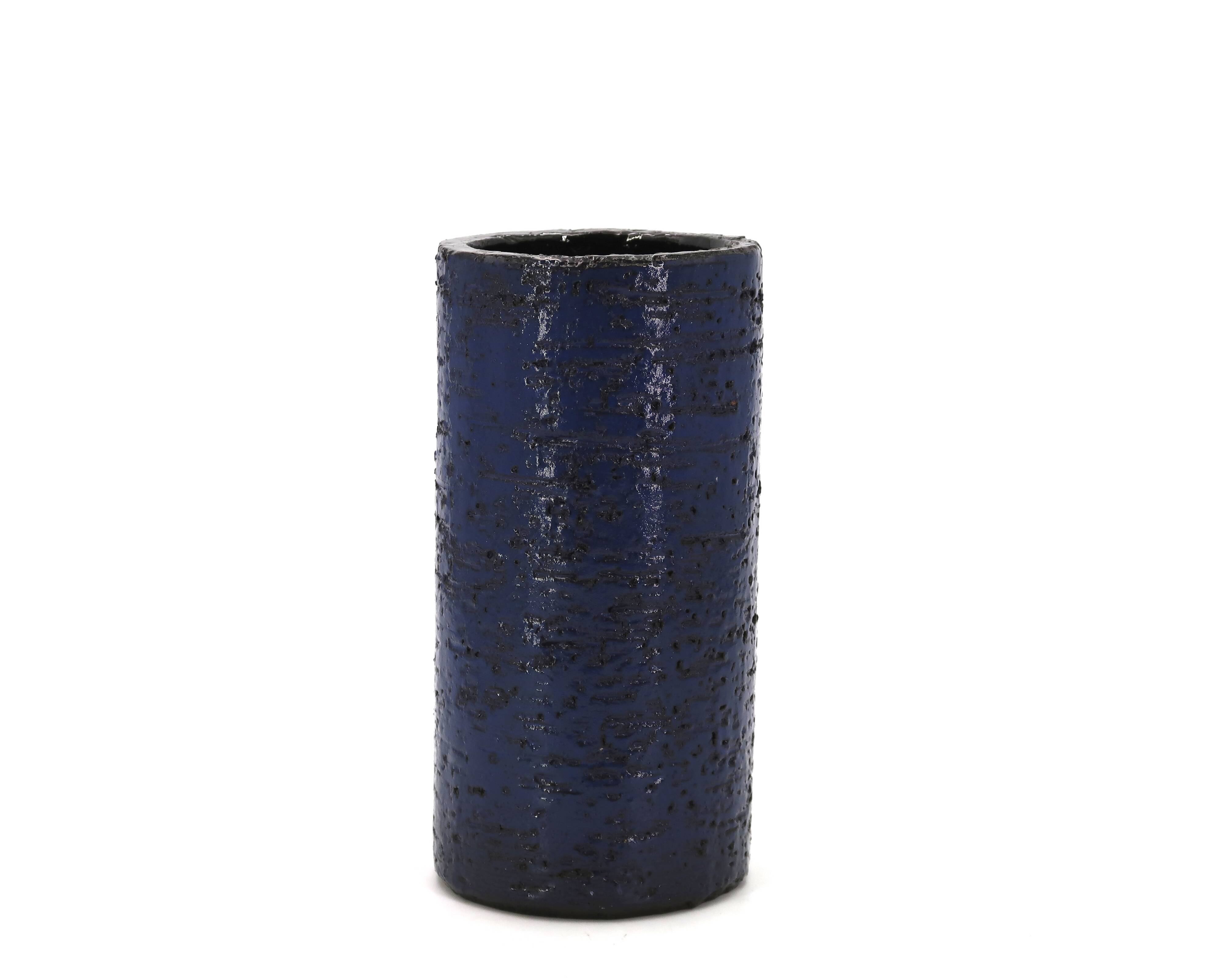 Blue chamotte ceramic roller vase, 1970s