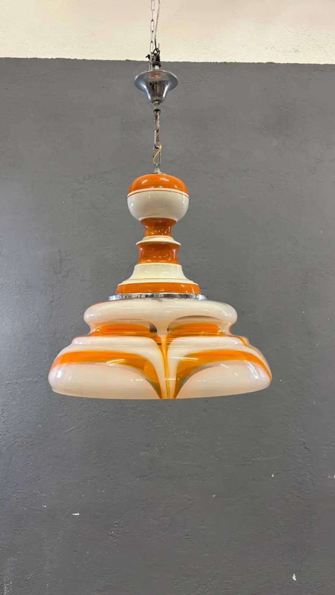 Italian art glass pendant lamp orange & white hand-blown chandelier, 1970s