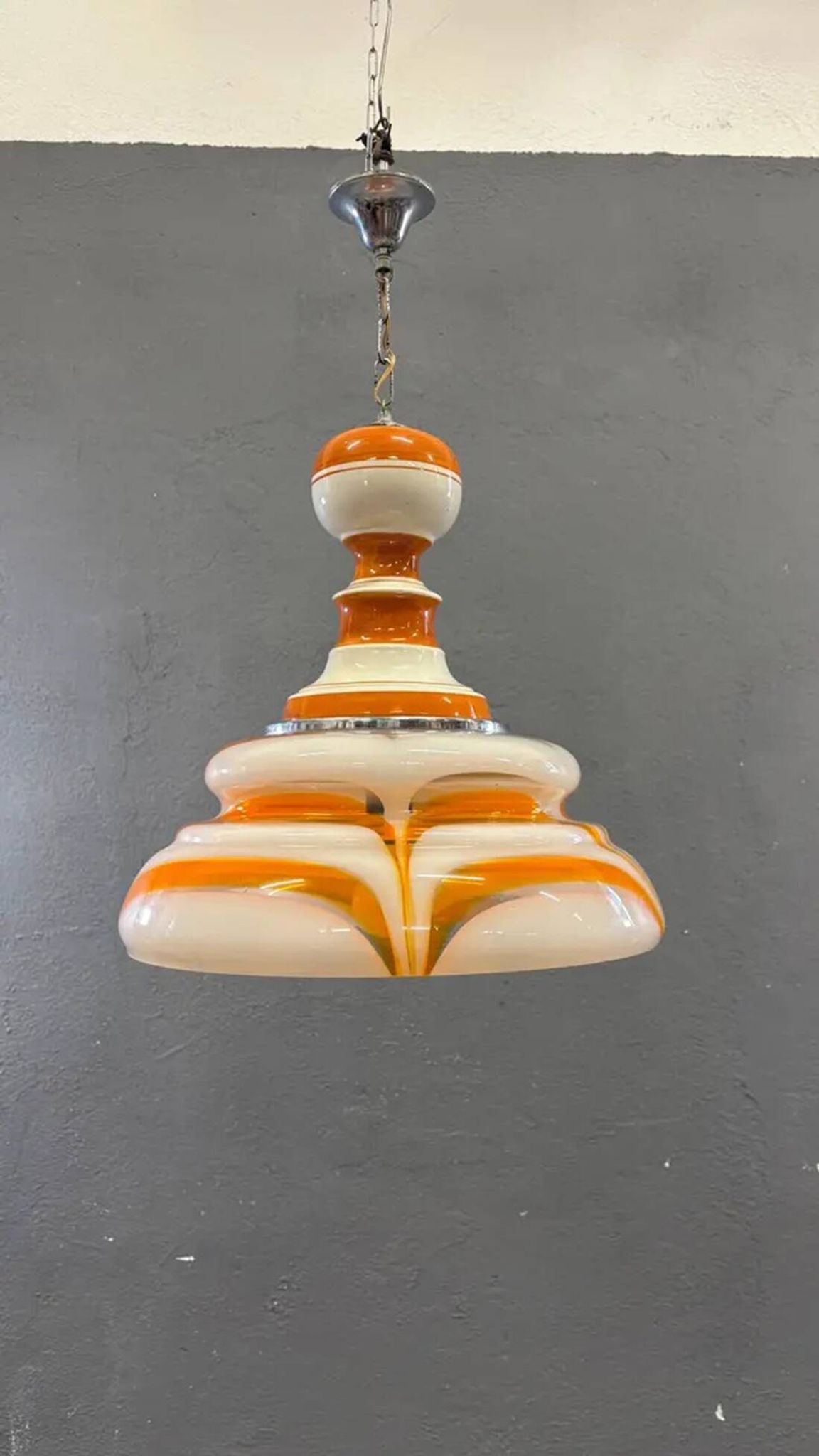 Italian art glass pendant lamp orange & white hand-blown chandelier, 1970s