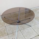 Vintage 70s table with glass and chrome legs.