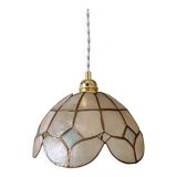 Vintage pendant lampshade in white and blue mother-of-pearl and brass