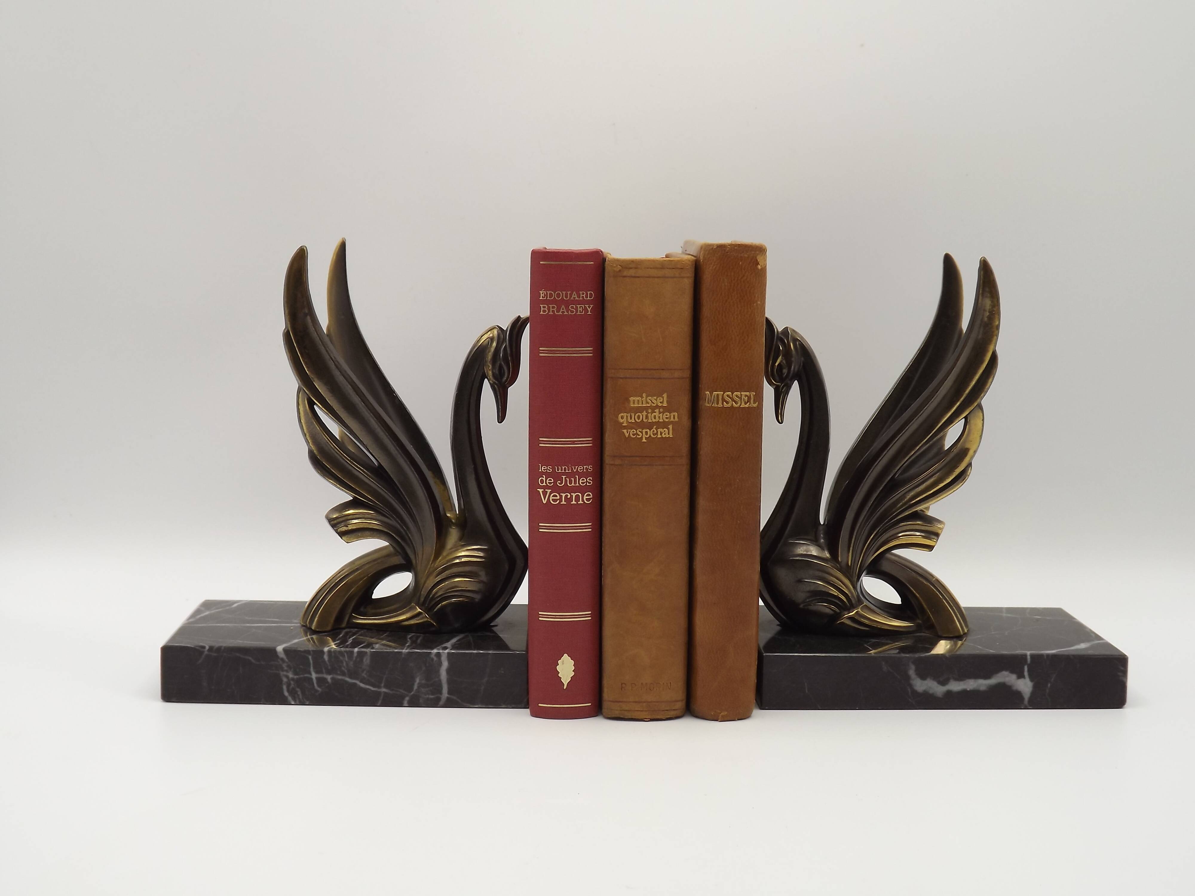 French Art Deco Bronzed Effect Spelter Swan Book Ends Black Marble Base