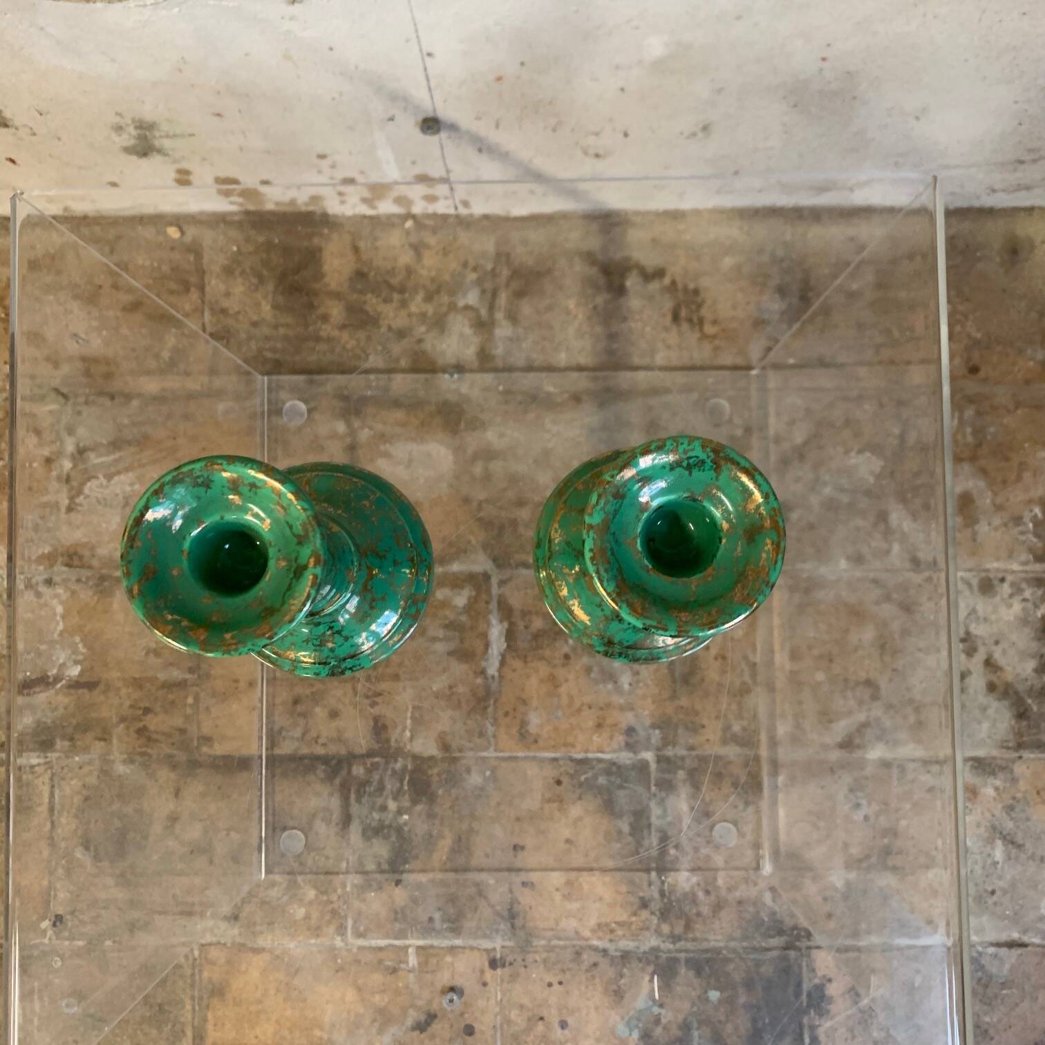 Duo of green-gold enameled ceramic candle holders, Western Germany, Waechtersbach, 1970s