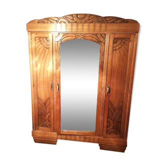 Art deco oak cabinet, 3 doors with beveled mirror