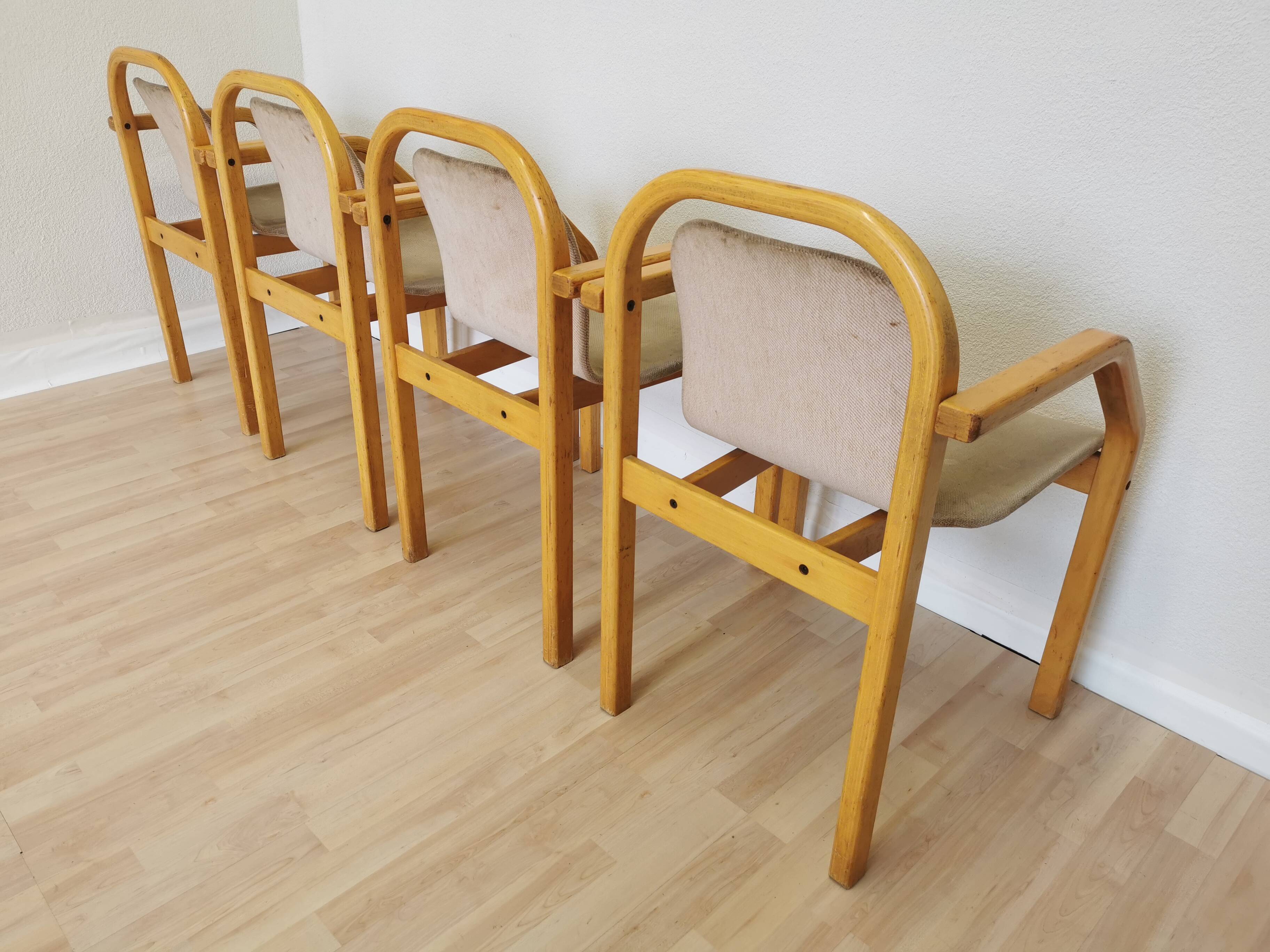 Set of 4 Vintage Beech Wood Dining Chairs: 1970s Space Age Gray Fabric