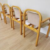 Set of 4 Vintage Beech Wood Dining Chairs: 1970s Space Age Gray Fabric