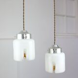 Mid-Century Italian Chrome and Glass Pendant Lamps, Set of 2
