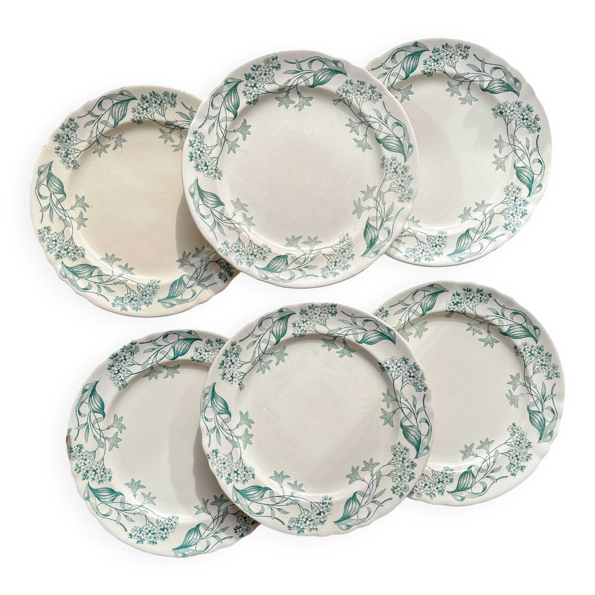 Set of 6 Antique Terre de Fer "Lilac" Longchamp Flat Plates, 19th Century
