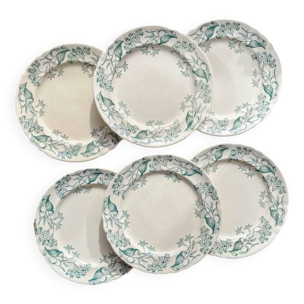 Lot de 6 Assiettes Plates Anciennes Terre de Fer ''Lilas'' Longchamp XIXe