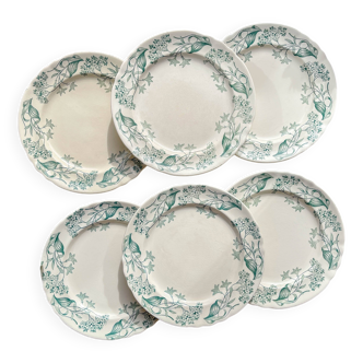 Set of 6 Antique Terre de Fer "Lilac" Longchamp Flat Plates, 19th Century