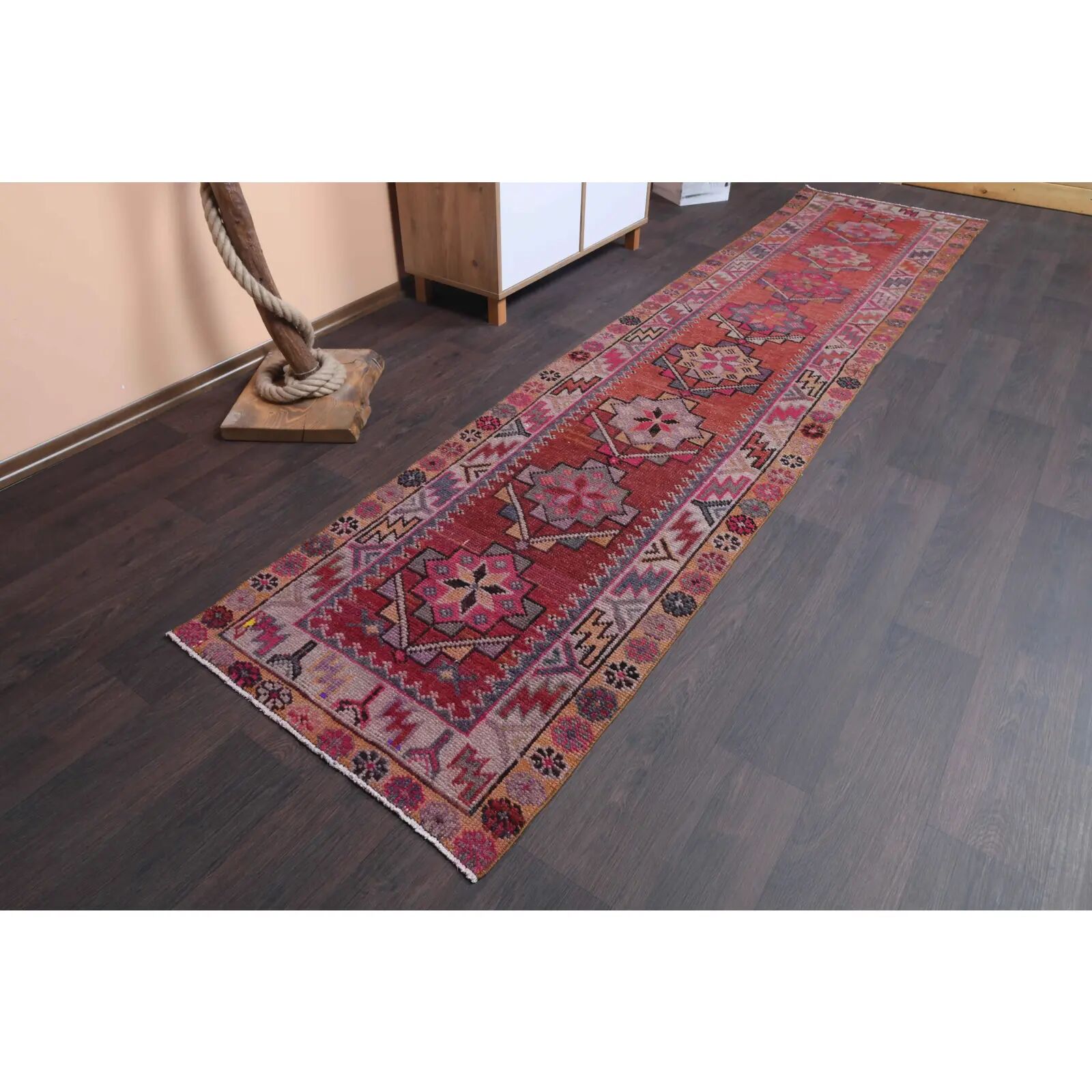 Vintage Turkish hand-knotted wool cotton red runner rug 83x362
