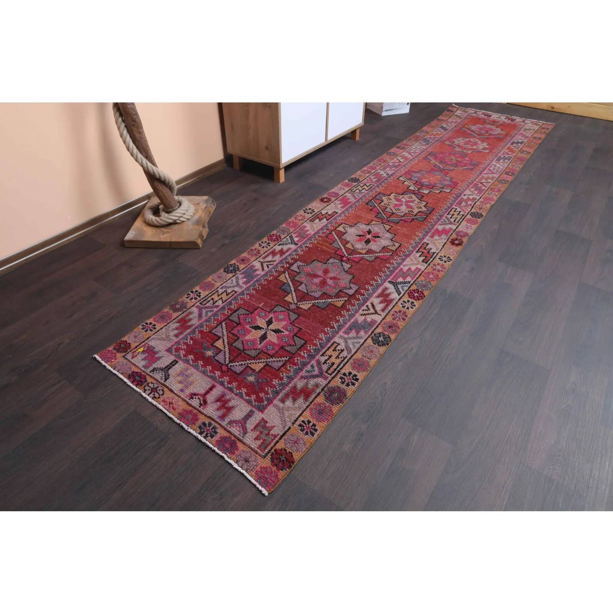 Vintage Turkish hand-knotted wool cotton red runner rug 83x362